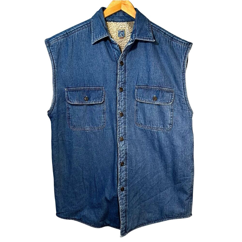 Vintage 90s Salmon River Traders Mens Cotton Denim Jeans Vest Sherpa Lining M